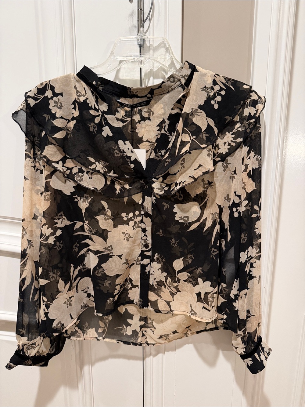 Zara Black Sheer Floral Ruffle Blouse - Black/Cream